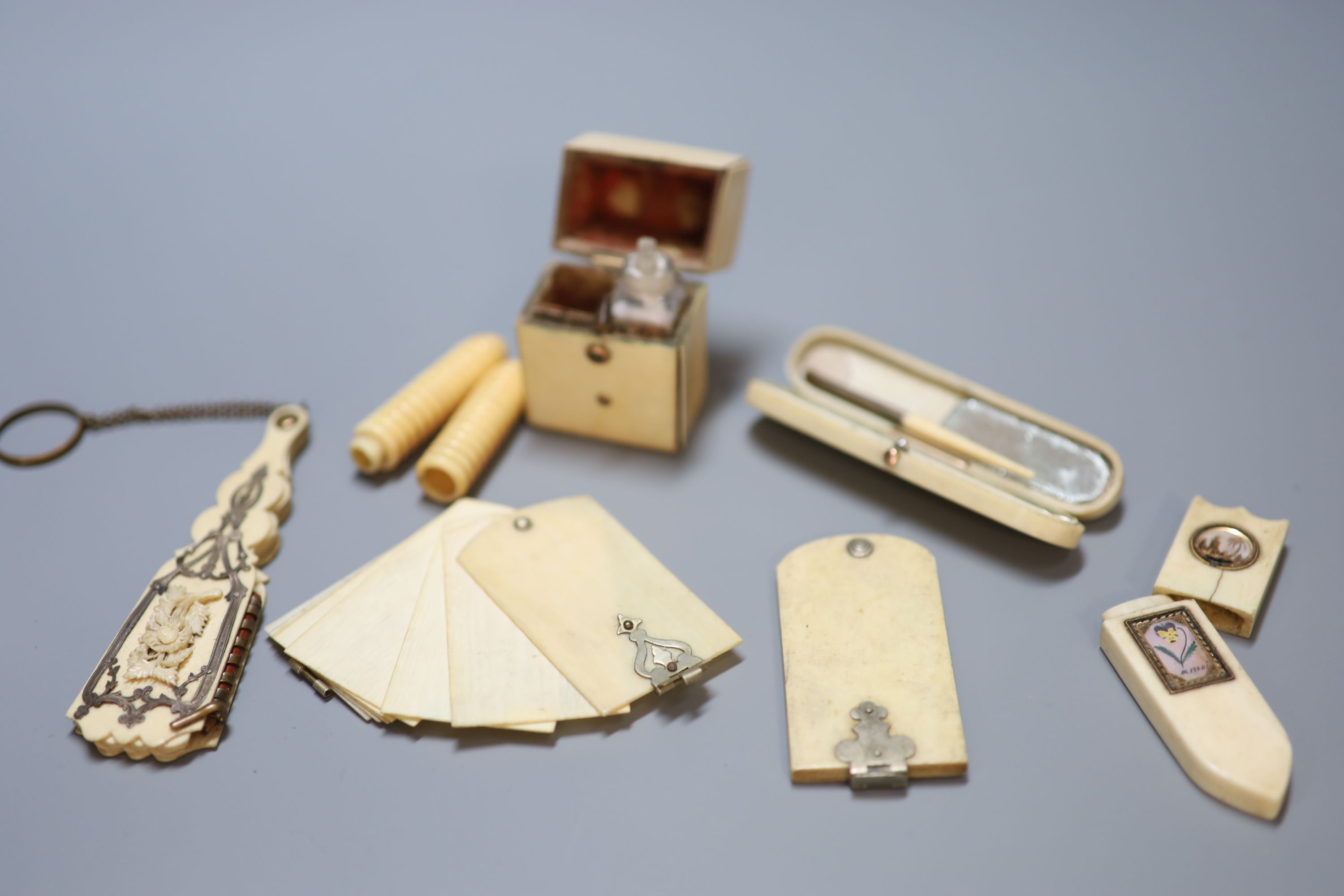 A Regency ivory toothpick case and other assorted accessories